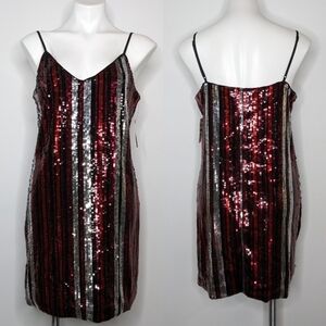 NWT Bar III black silver red sequin spaghetti strap mini dress L